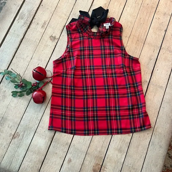J.Crew Red Tartan Plaid Ruffleneck, bow back top - Picture 2 of 7